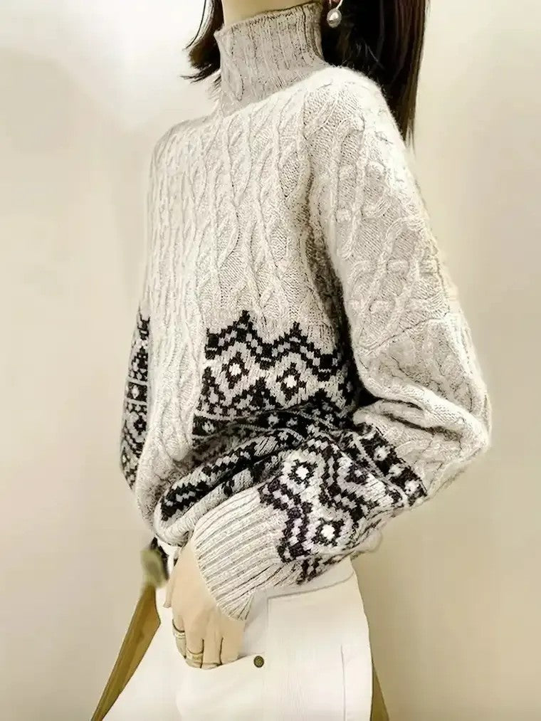 Women's High-Neck Cable Knit Sweater with Geometric Accents