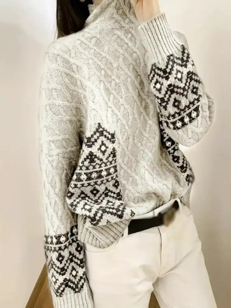 Women's High-Neck Cable Knit Sweater with Geometric Accents