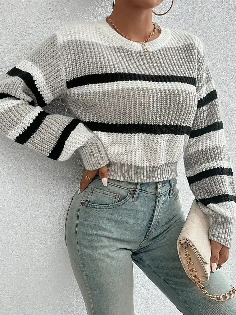 Women's Lantern Sleeves Cropped Striped Sweater