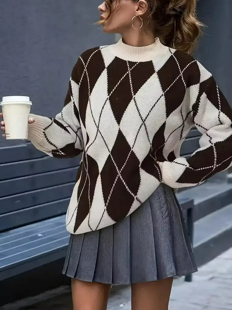 Women's Mock Turtleneck Sweater with Argyle Pattern
