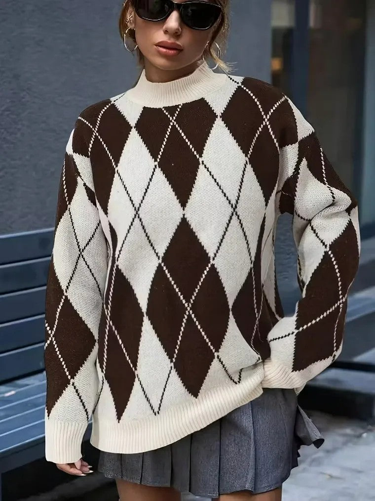 Women's Mock Turtleneck Sweater with Argyle Pattern