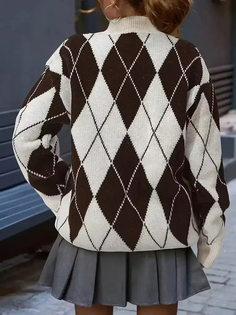 Women's Mock Turtleneck Sweater with Argyle Pattern