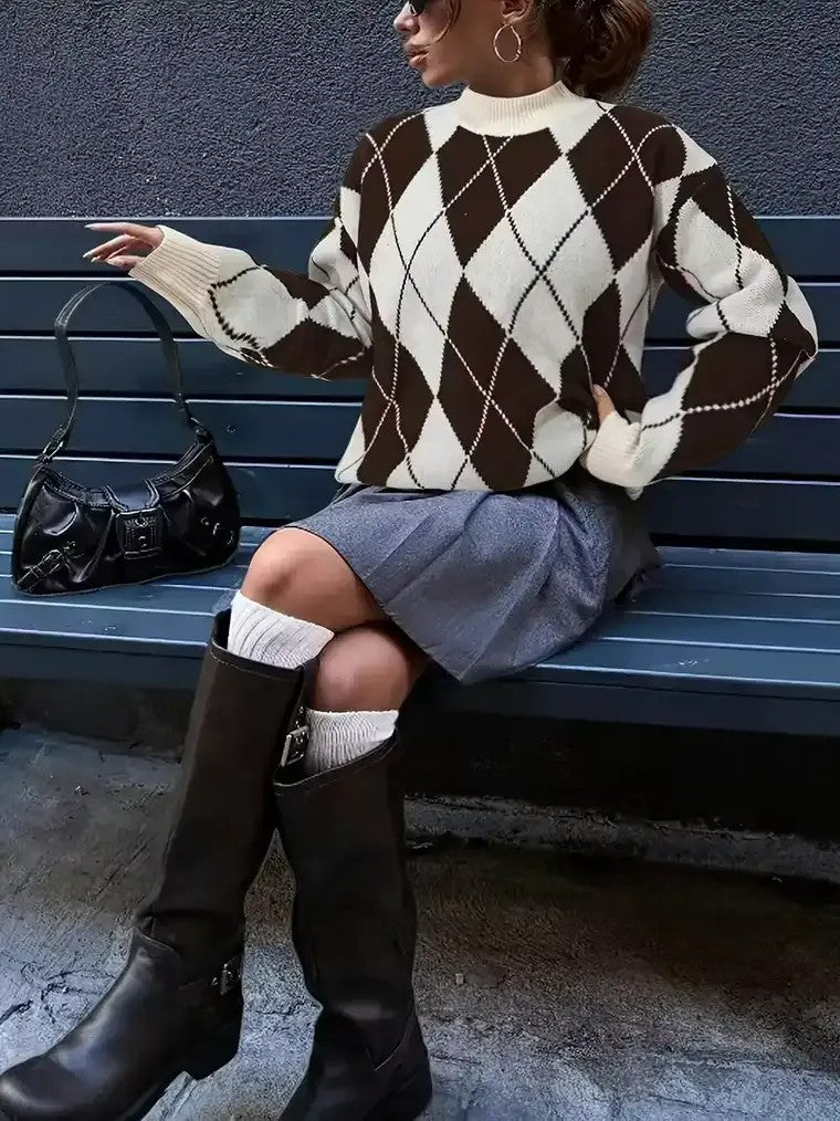 Women's Mock Turtleneck Sweater with Argyle Pattern
