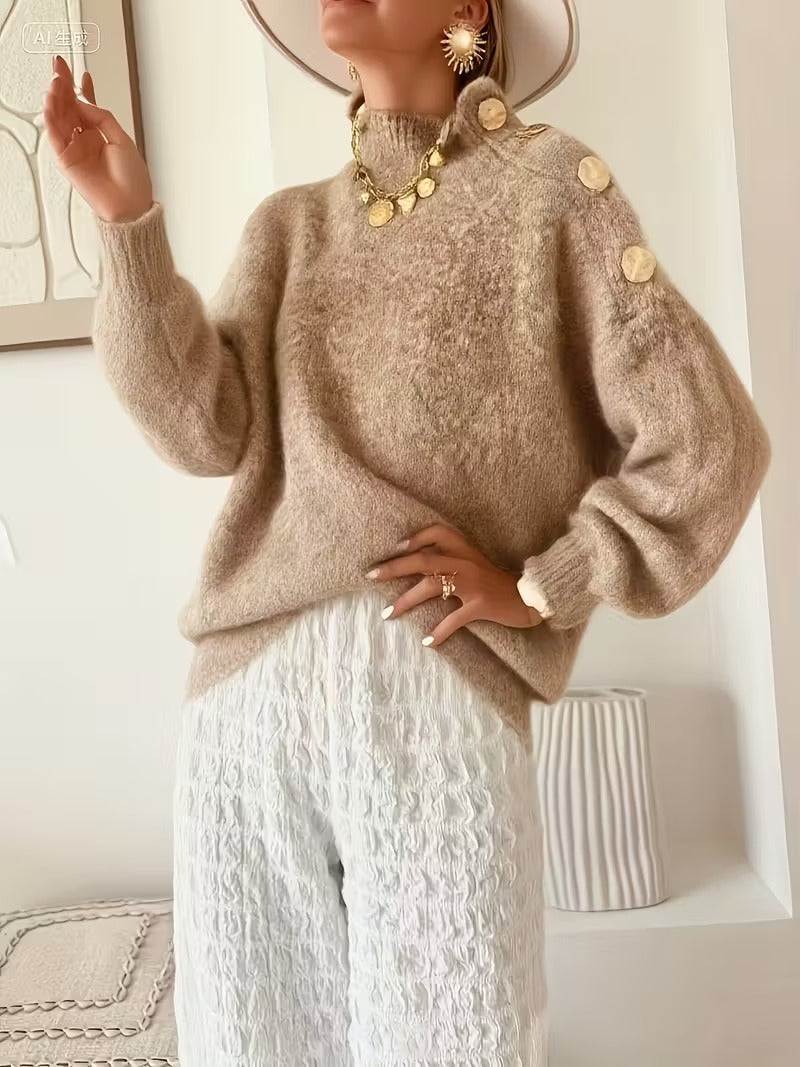 Women's Mock Turtleneck Sweater with Shoulder Button Accents