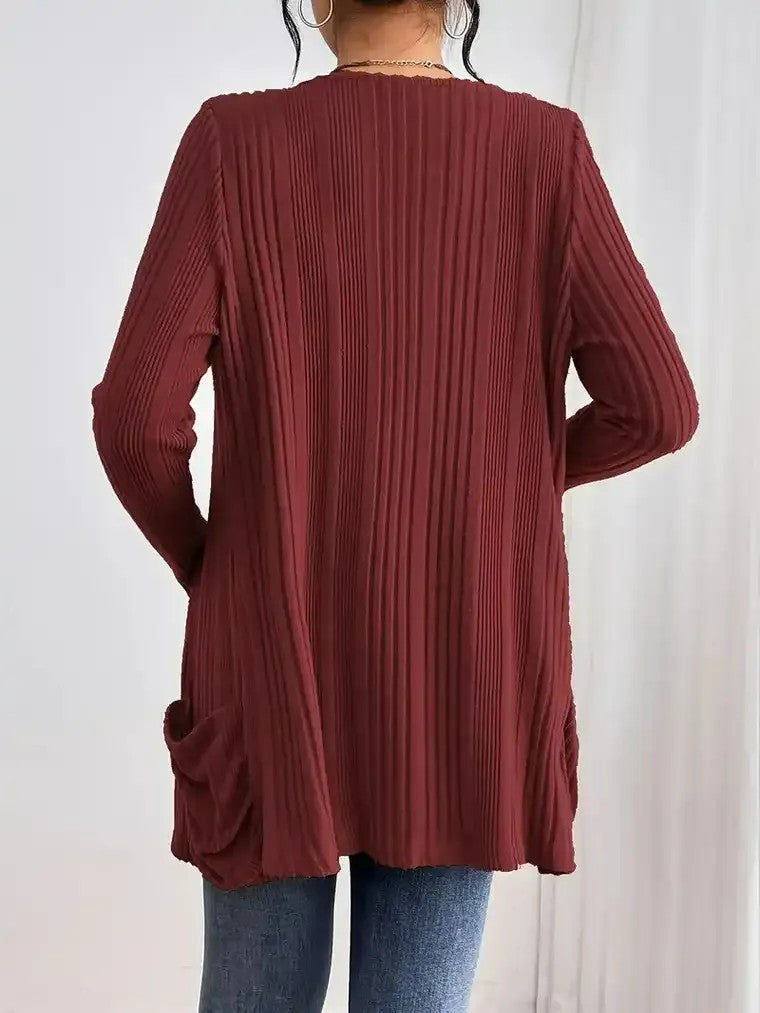 Women's Open-Front Cardigan with Ruched Pockets