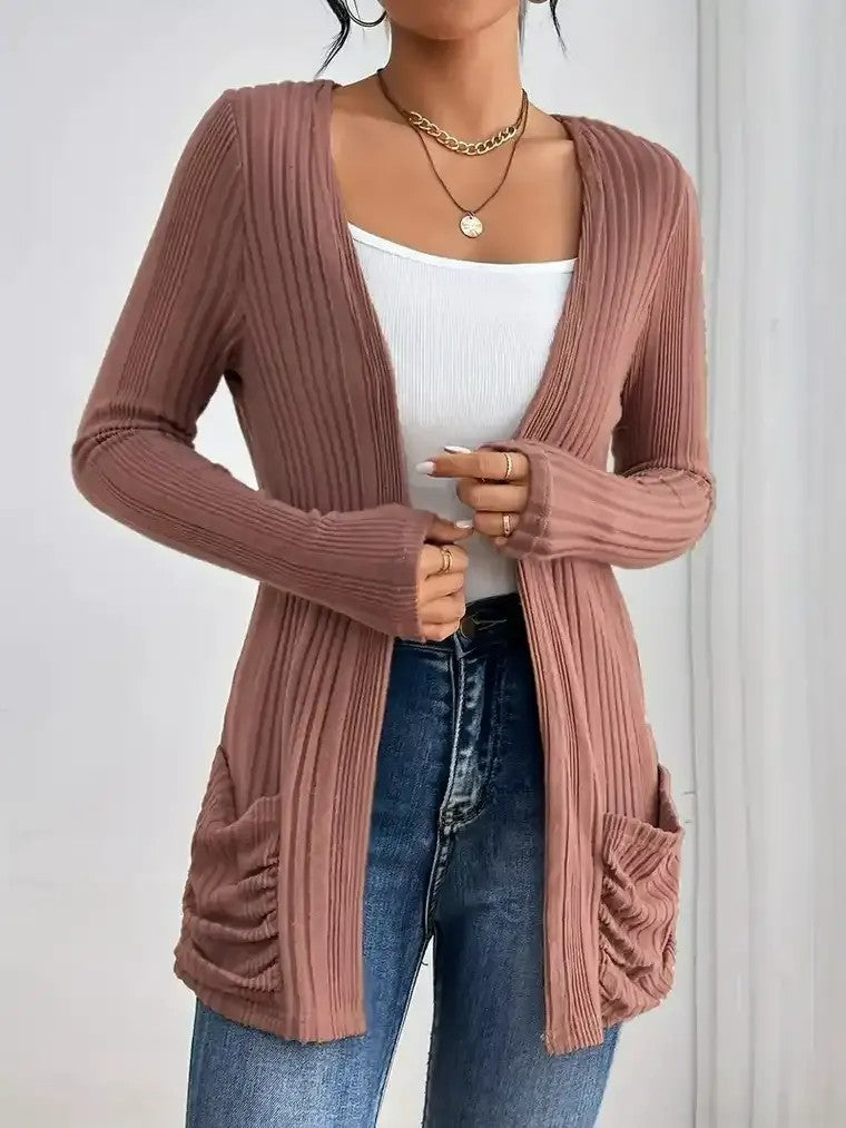 Women's Open-Front Cardigan with Ruched Pockets