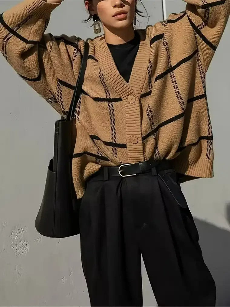 Women's Oversized Plaid Cardigan with Lantern Sleeves