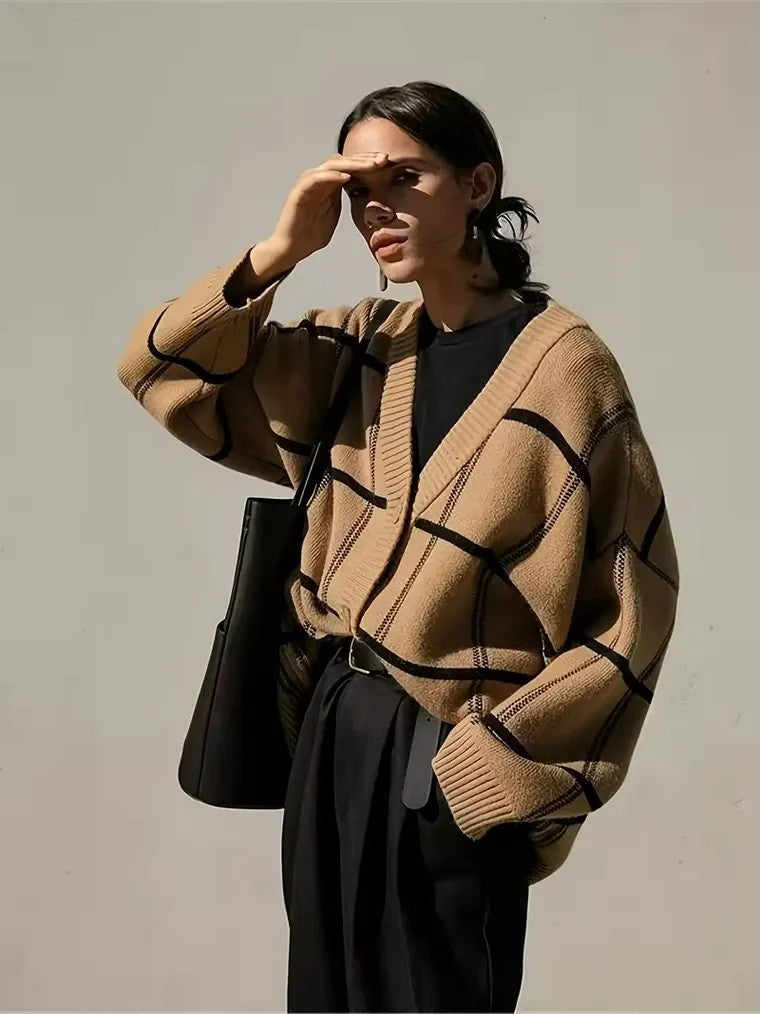 Women's Oversized Plaid Cardigan with Lantern Sleeves