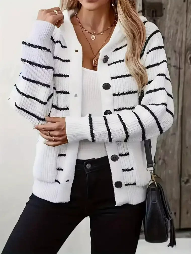 Women's Plus Size Striped Hooded Cardigan