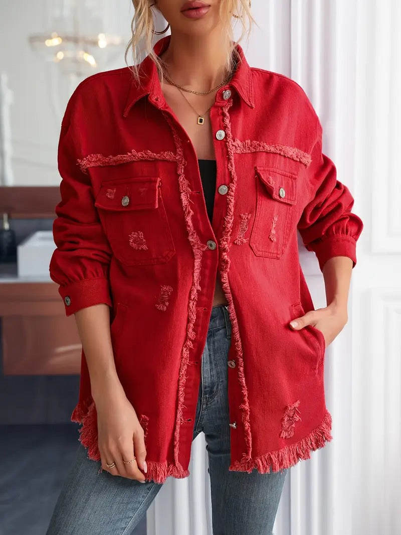 Women's Red Distressed Denim Jacket