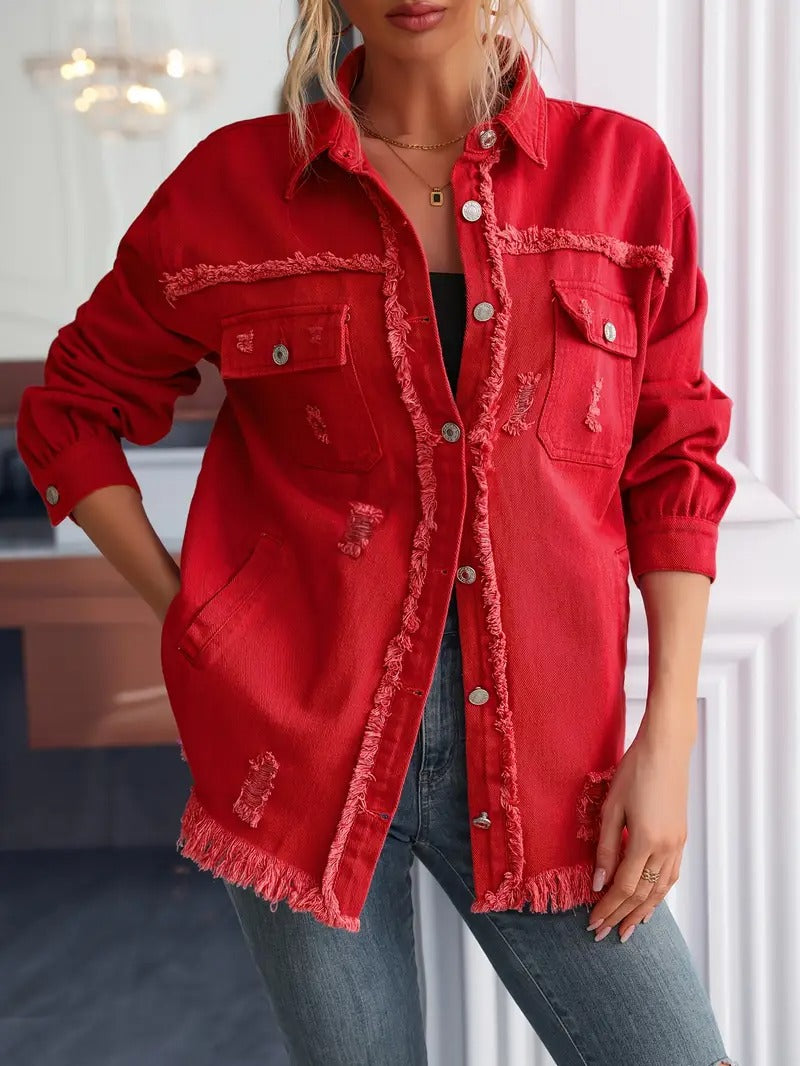 Women's Red Distressed Denim Jacket