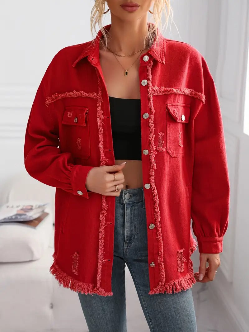 Women's Red Distressed Denim Jacket
