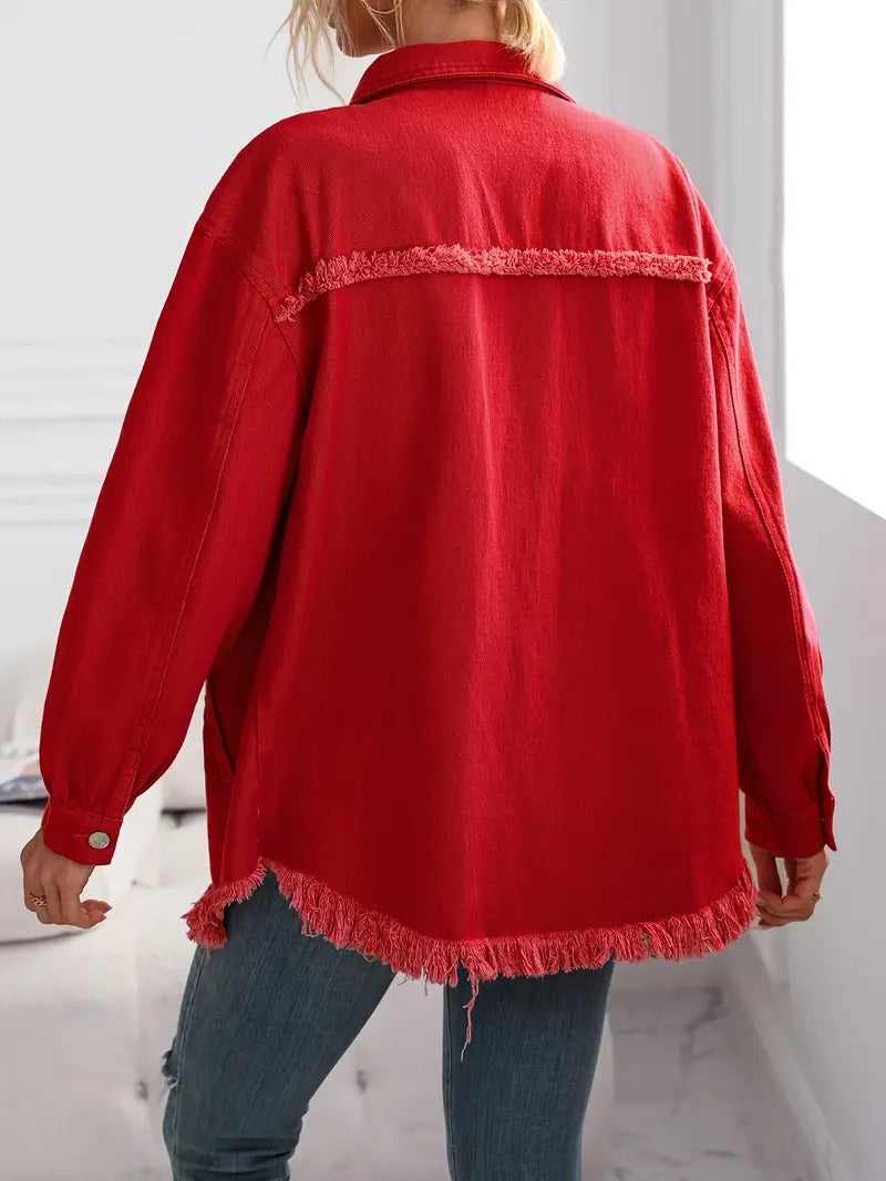 Women's Red Distressed Denim Jacket