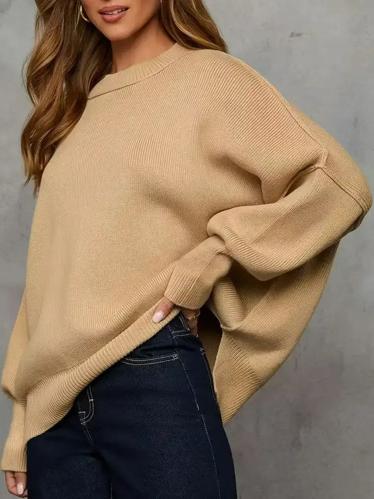 Women's Ribbed Knit Sweater with Batwing Sleeves