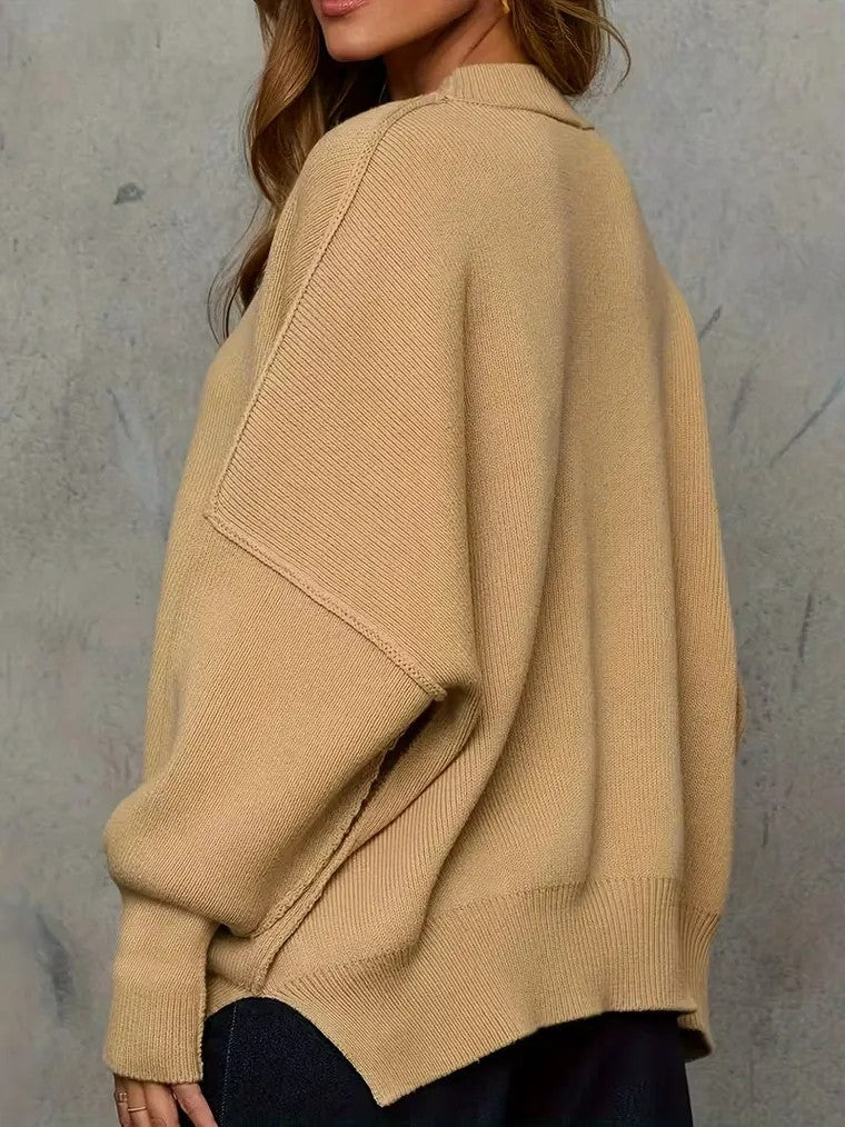 Women's Ribbed Knit Sweater with Batwing Sleeves