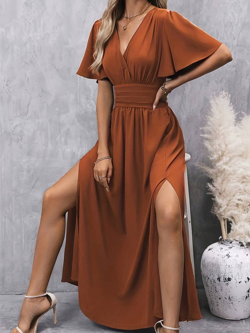 Women's Short Sleeve Maxi Dress with V-neckline and Slit