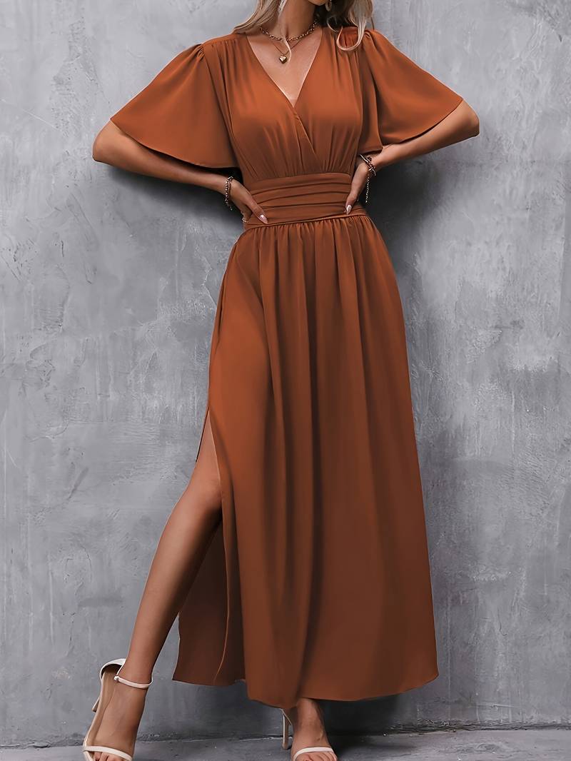 Women's Short Sleeve Maxi Dress with V-neckline and Slit