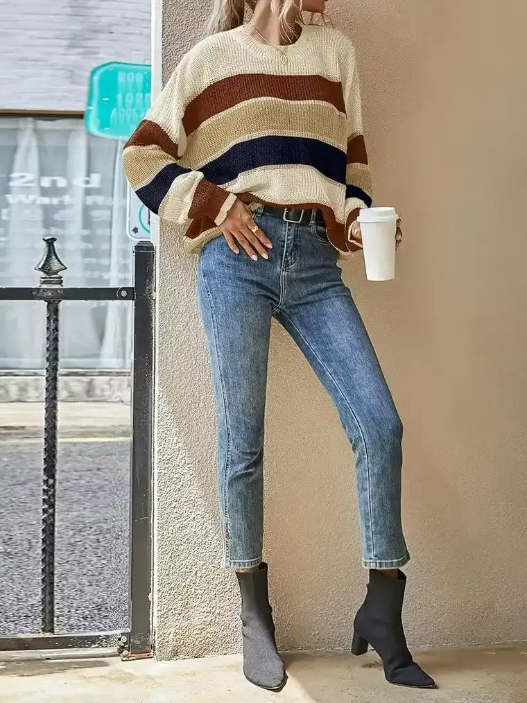 Women's Striped Colour-Block Crewneck Sweater