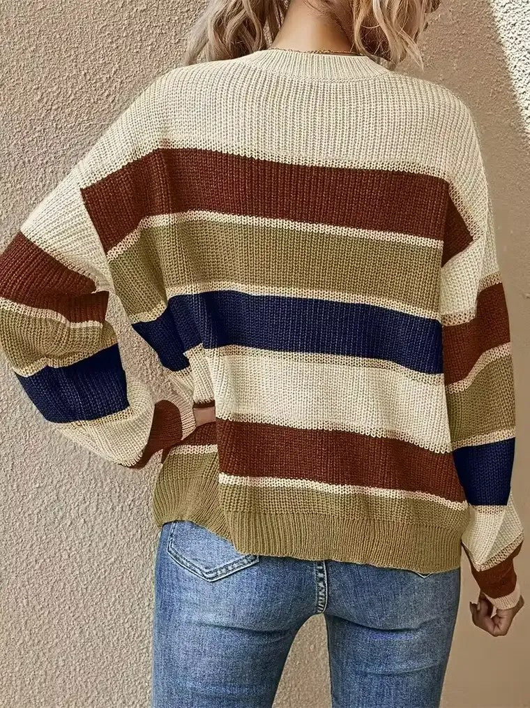 Women's Striped Colour-Block Crewneck Sweater