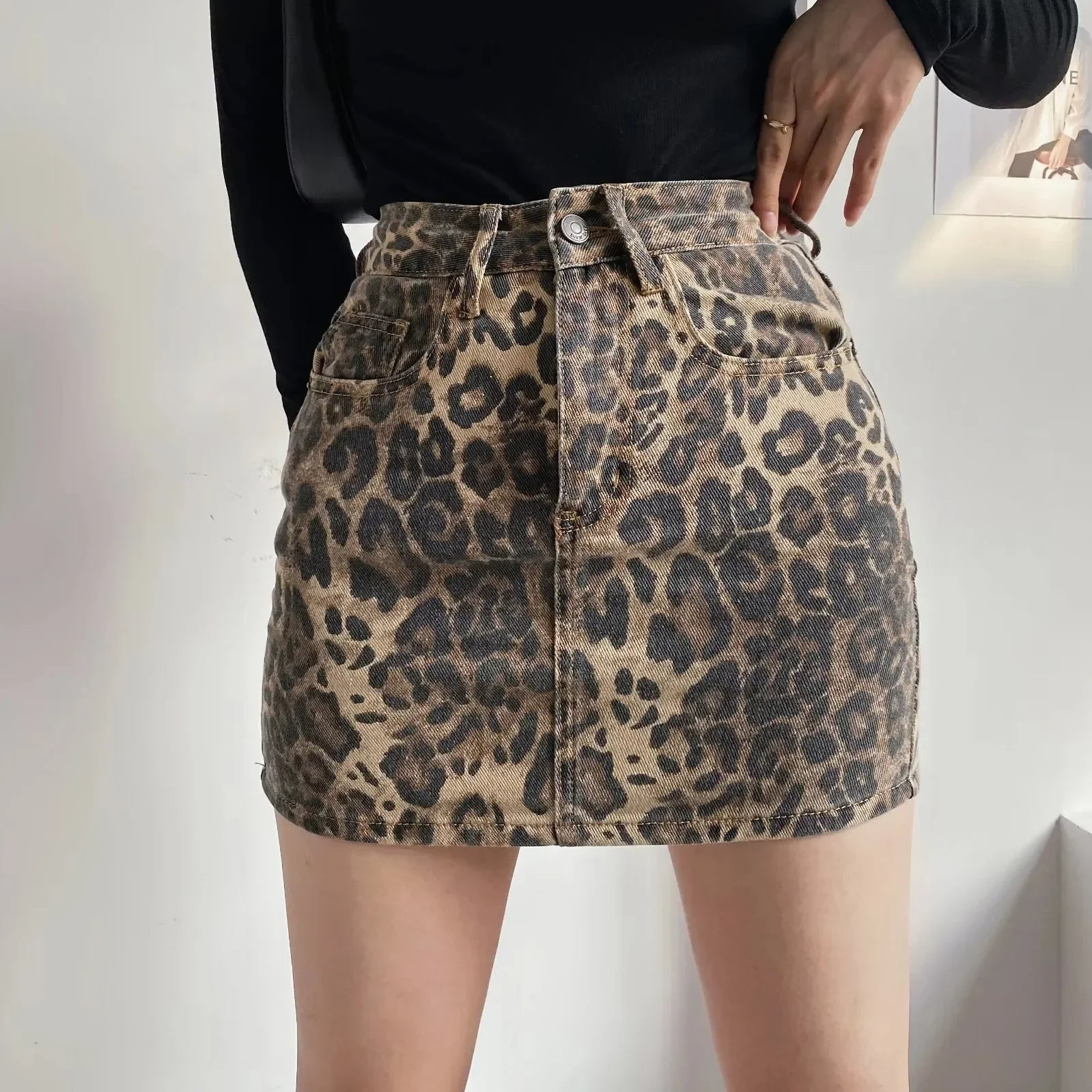 Women's Summer Mini Skirt with Pockets and Leopard Print design