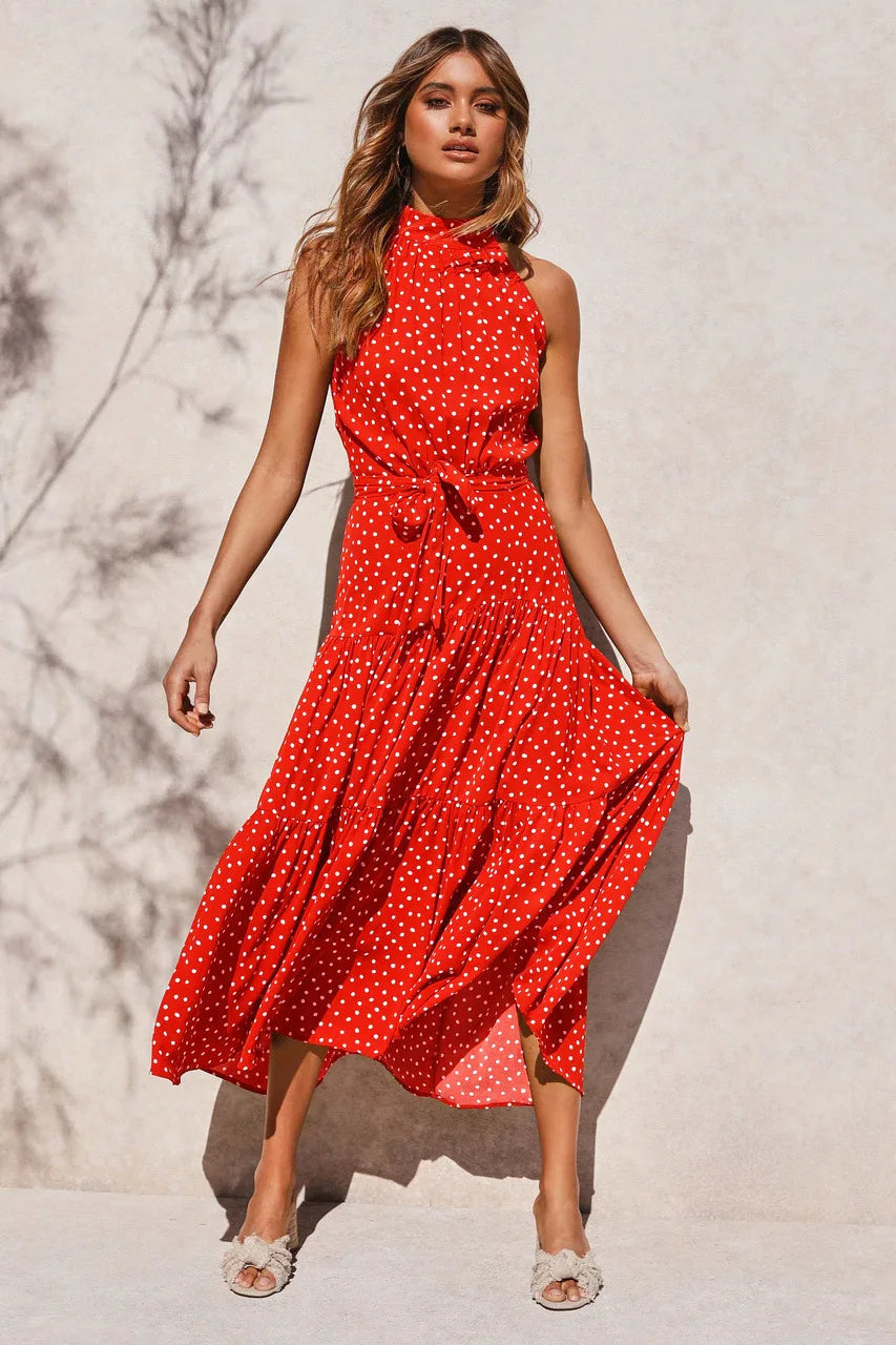 Women's Summer Printed Dress with Halter Neck and Tie Knot Belt