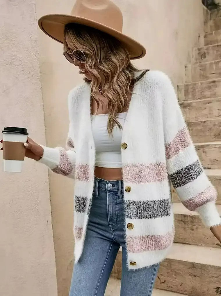 Women's Textured Colour-Block Knit Cardigan