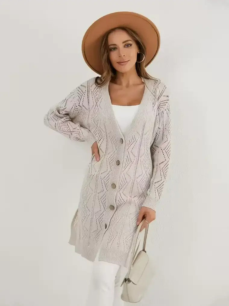 Women's V-neck Openwork Knit Cardigan