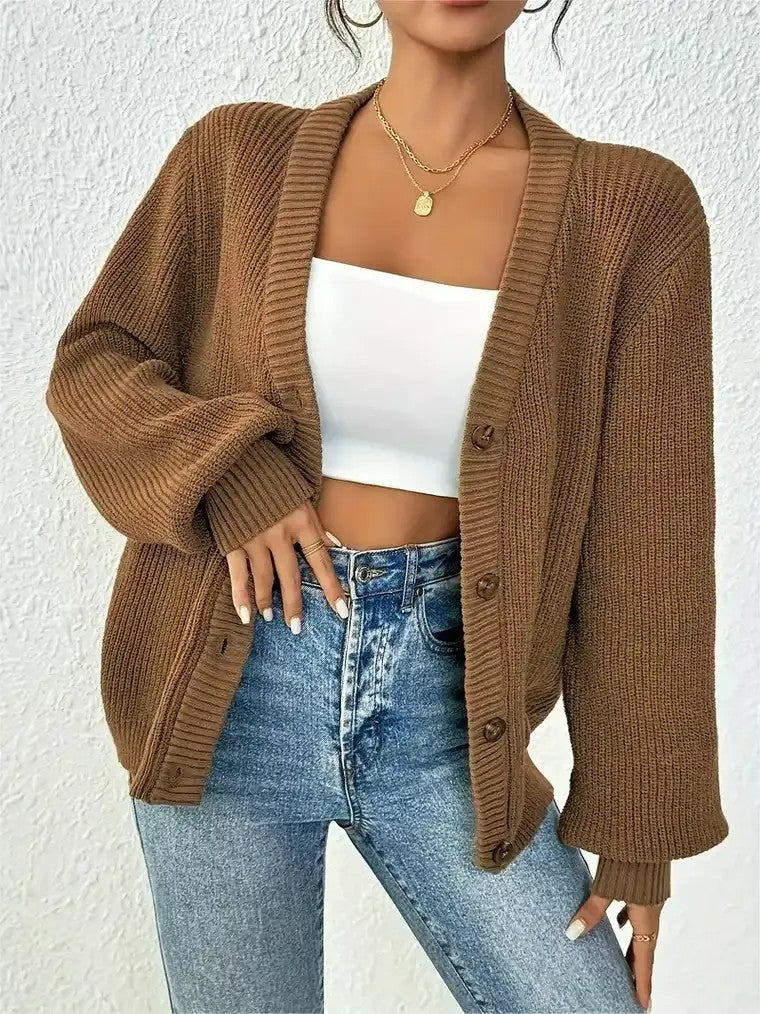 Women's V-neck Ribbed Knit Cardigan with Balloon Sleeves