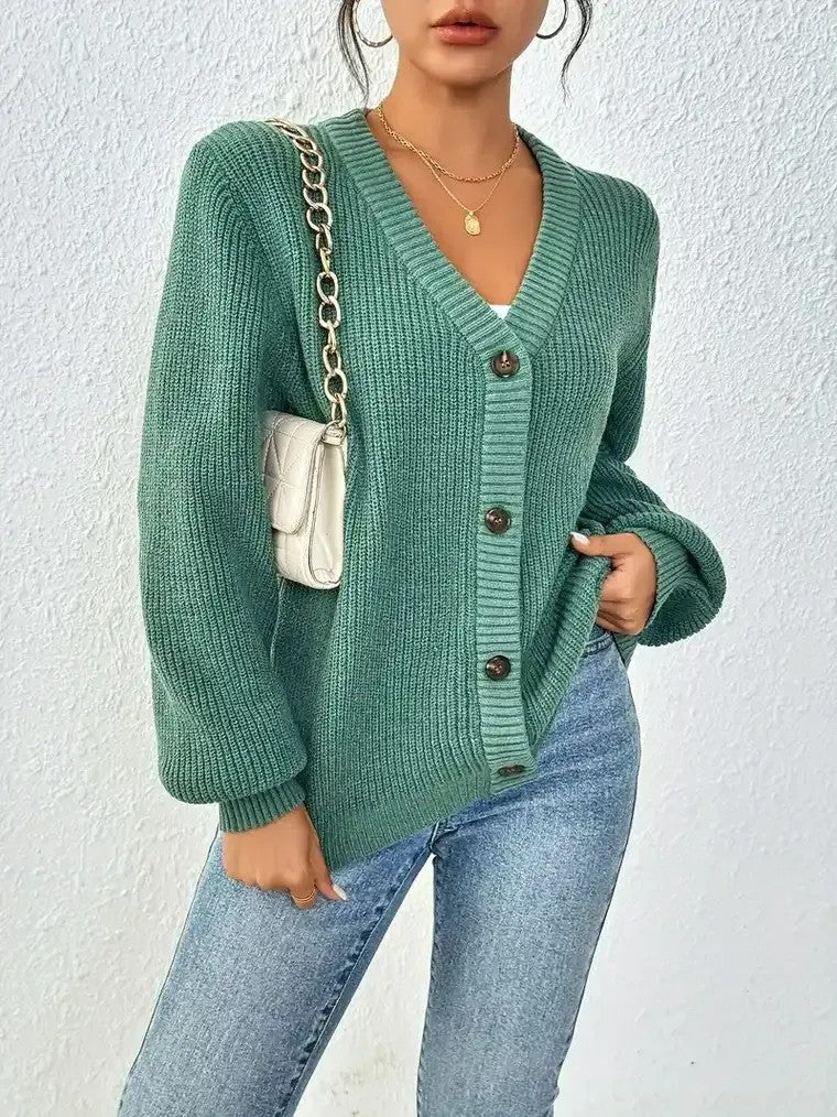 Women's V-neck Ribbed Knit Cardigan with Balloon Sleeves