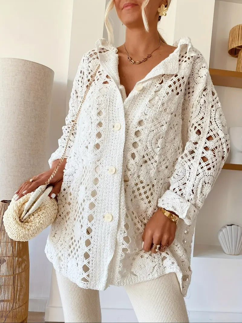Women's White Crochet Open-Knit Cardigan