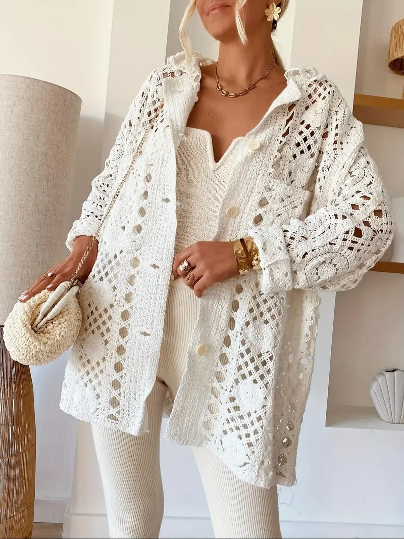 Women's White Crochet Open-Knit Cardigan