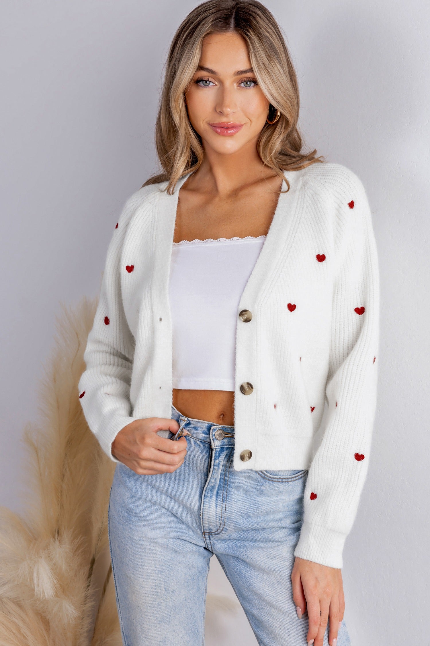 Women's White Ribbed-Knit Button Cardigan
