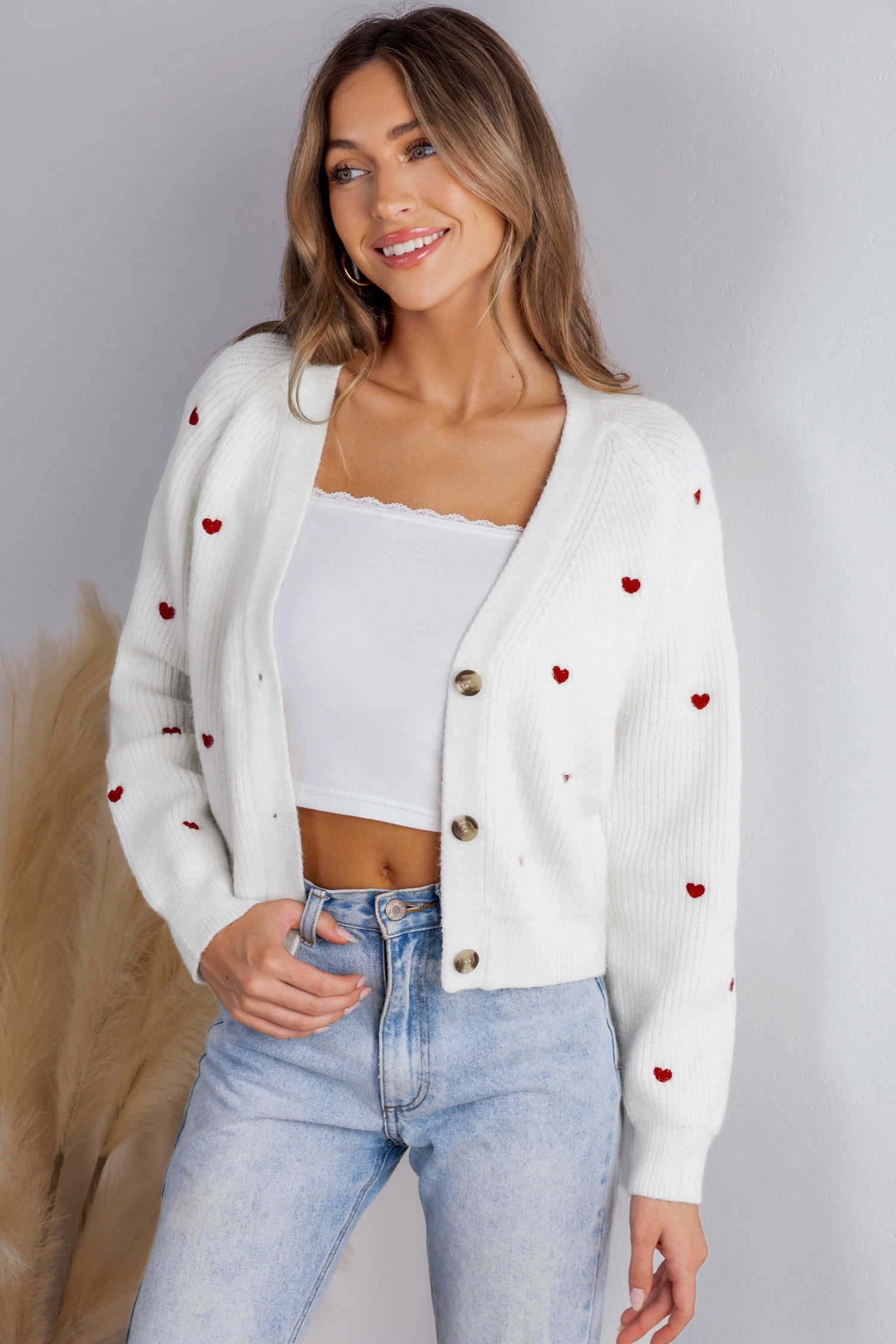Women's White Ribbed-Knit Button Cardigan