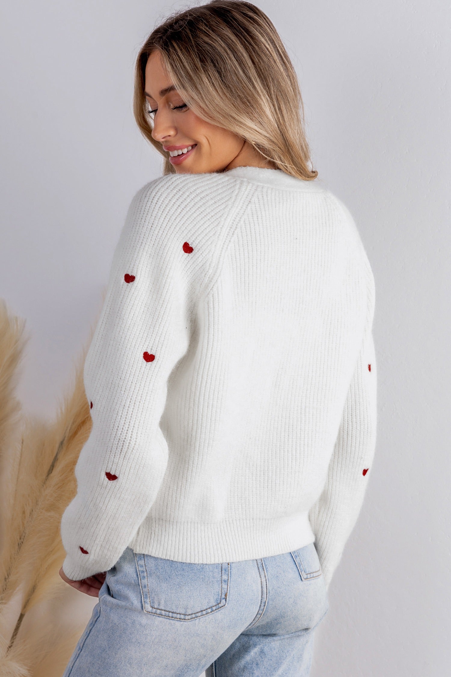 Women's White Ribbed-Knit Button Cardigan
