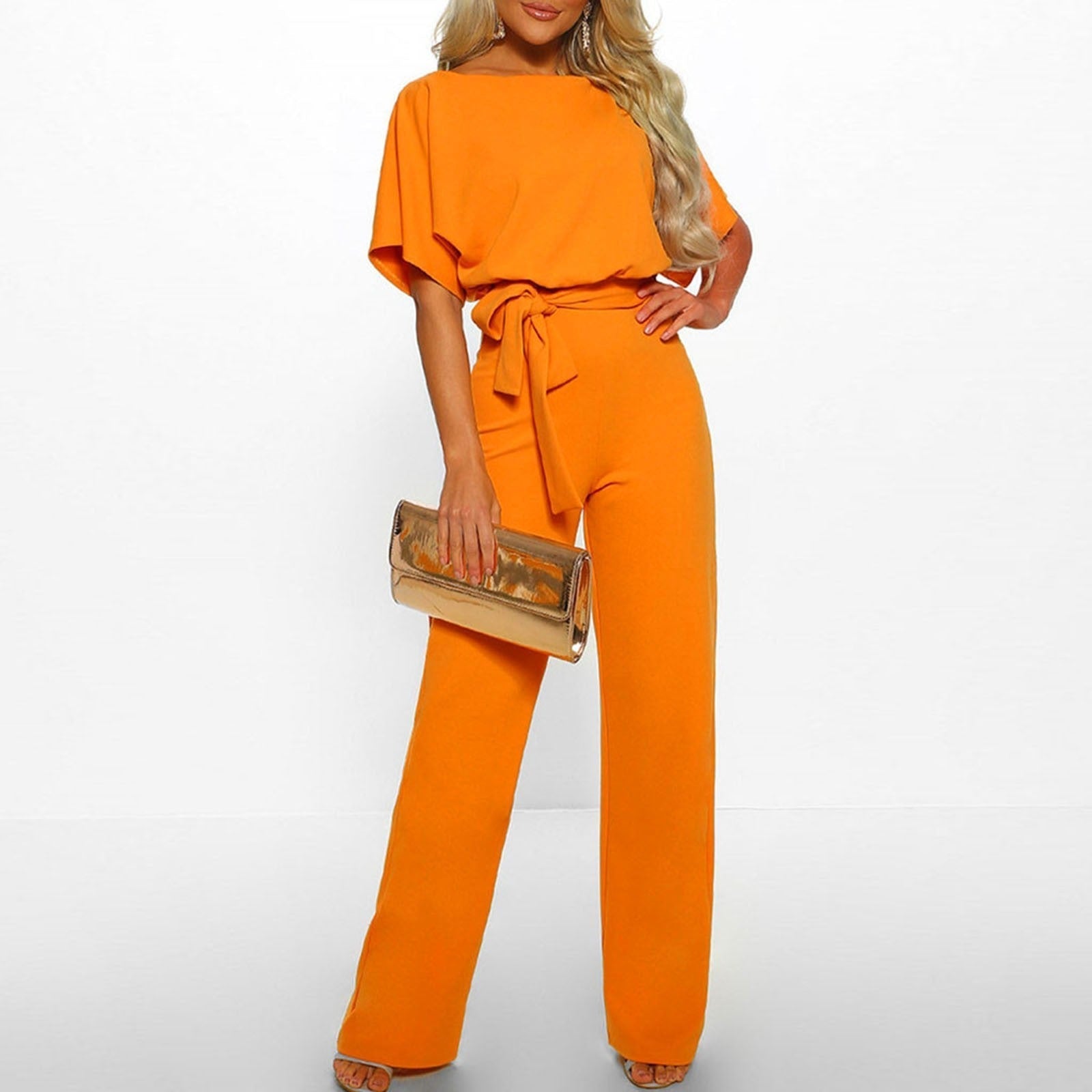 Women's Summer Short Sleeves Jumpsuit with Belt and Boat Neck