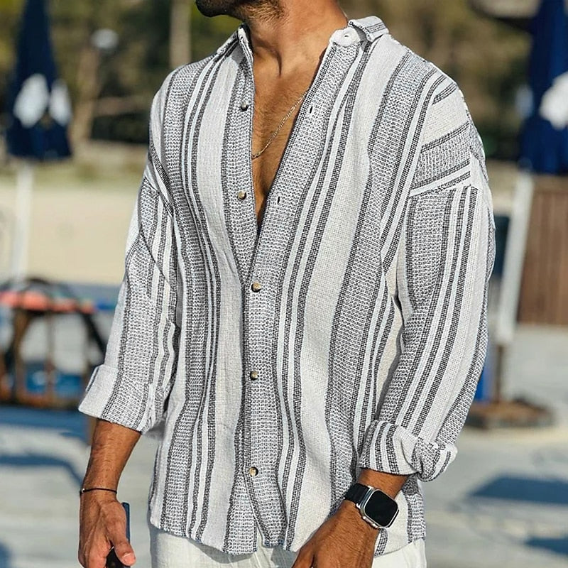 Men's Summer Long Sleeve Shirt with Striped Prints and Buttons