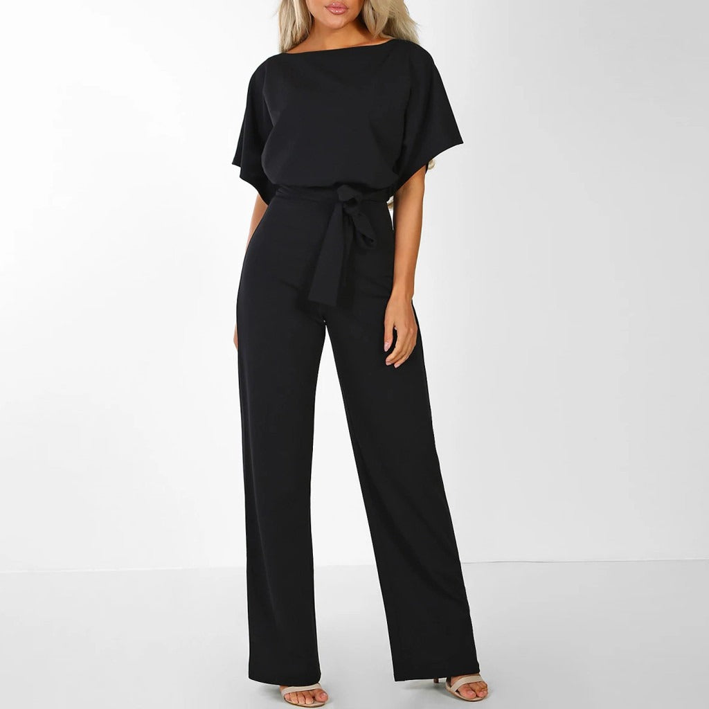 Women's Summer Short Sleeves Jumpsuit with Belt and Boat Neck