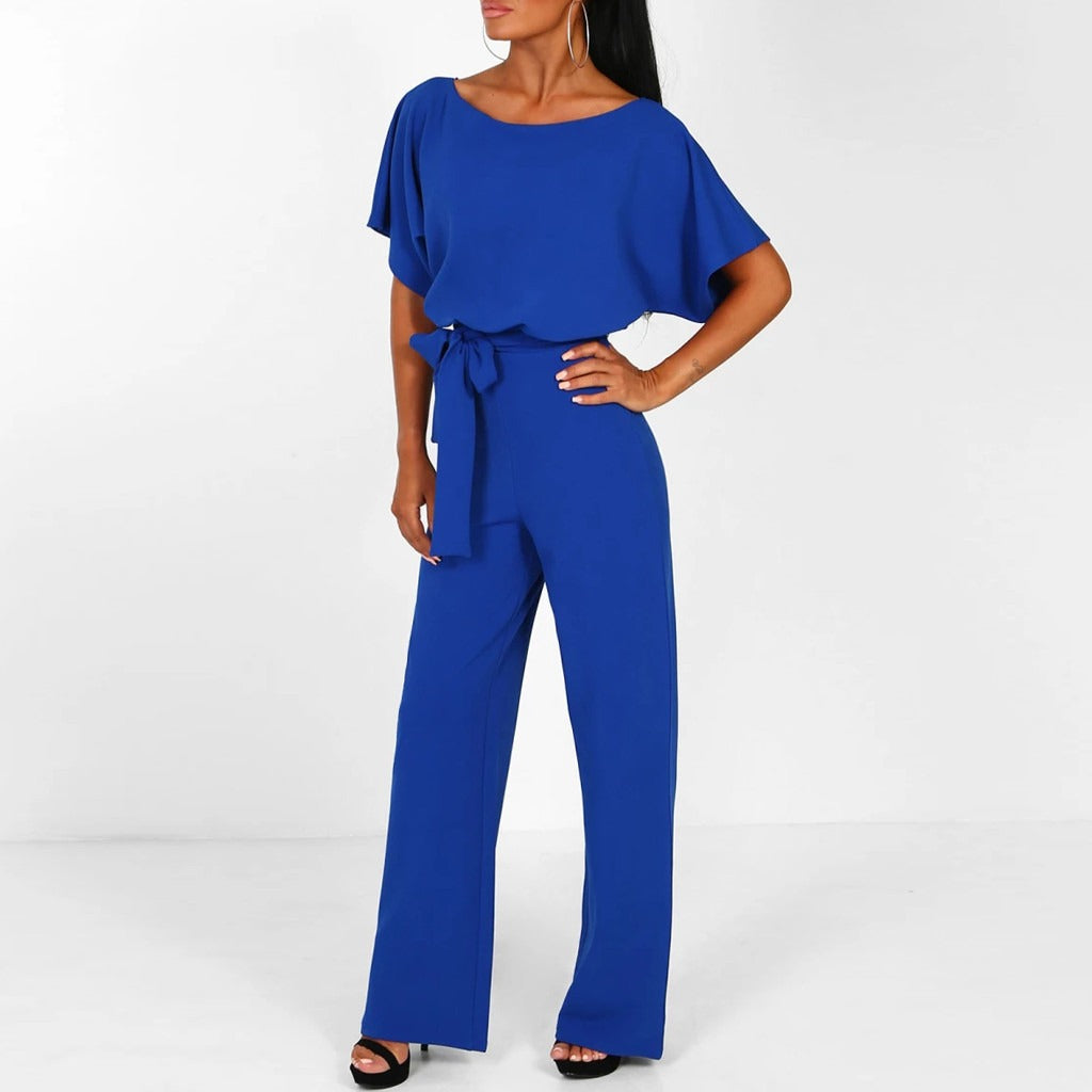 Women's Summer Short Sleeves Jumpsuit with Belt and Boat Neck