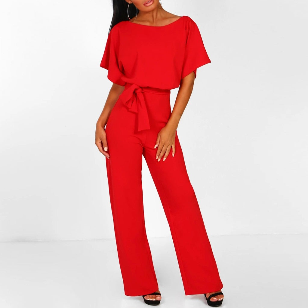 Women's Summer Short Sleeves Jumpsuit with Belt and Boat Neck