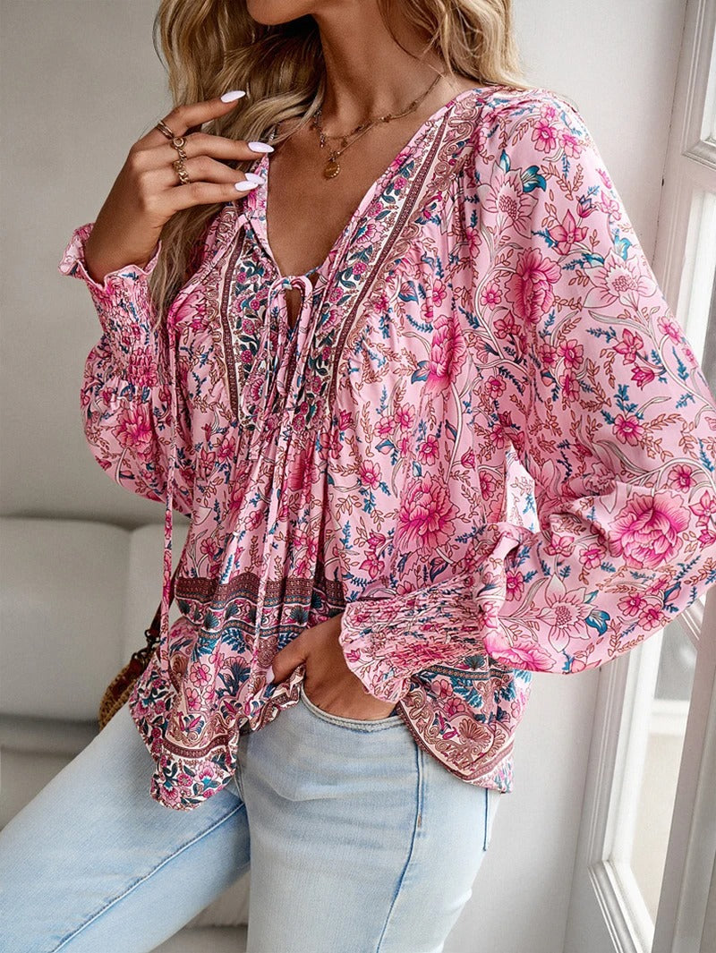 Women's Summer Floral Blouse with V-neck and Long Sleeve