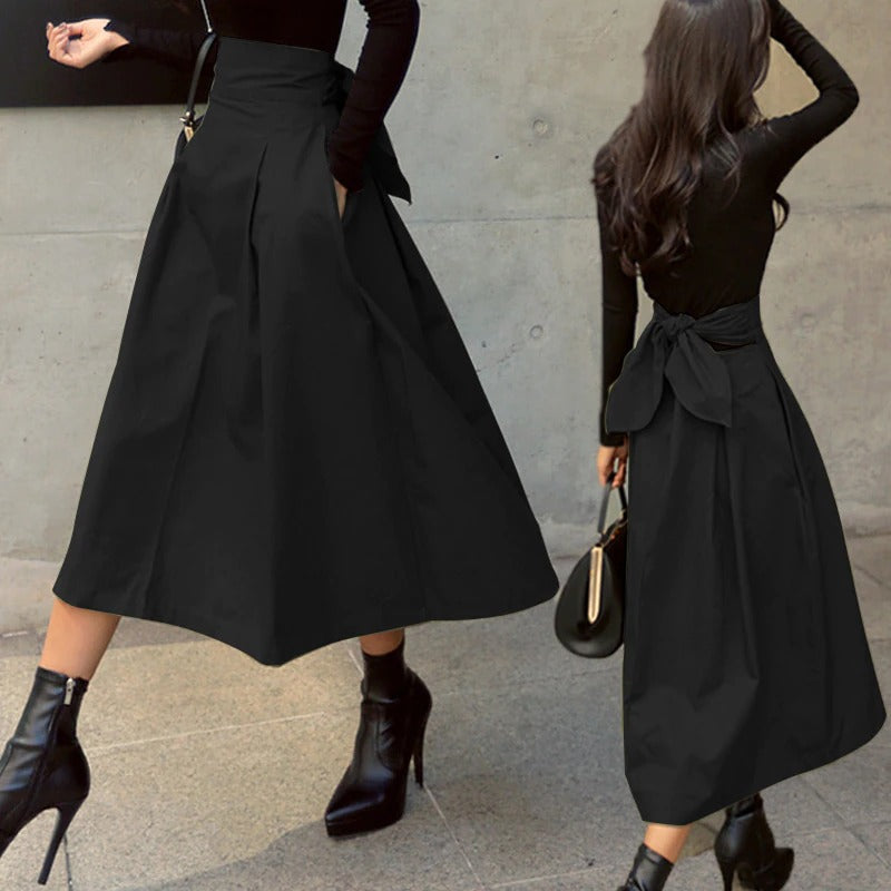 Women's High Waisted Long Skirt with Bow Tie at the Back
