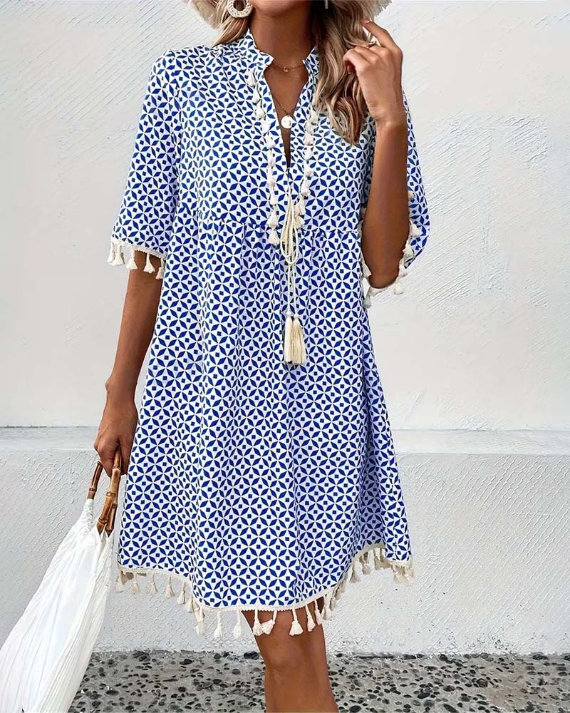 Women's Summer Printed Mini Dress with Tassels and Short Sleeves