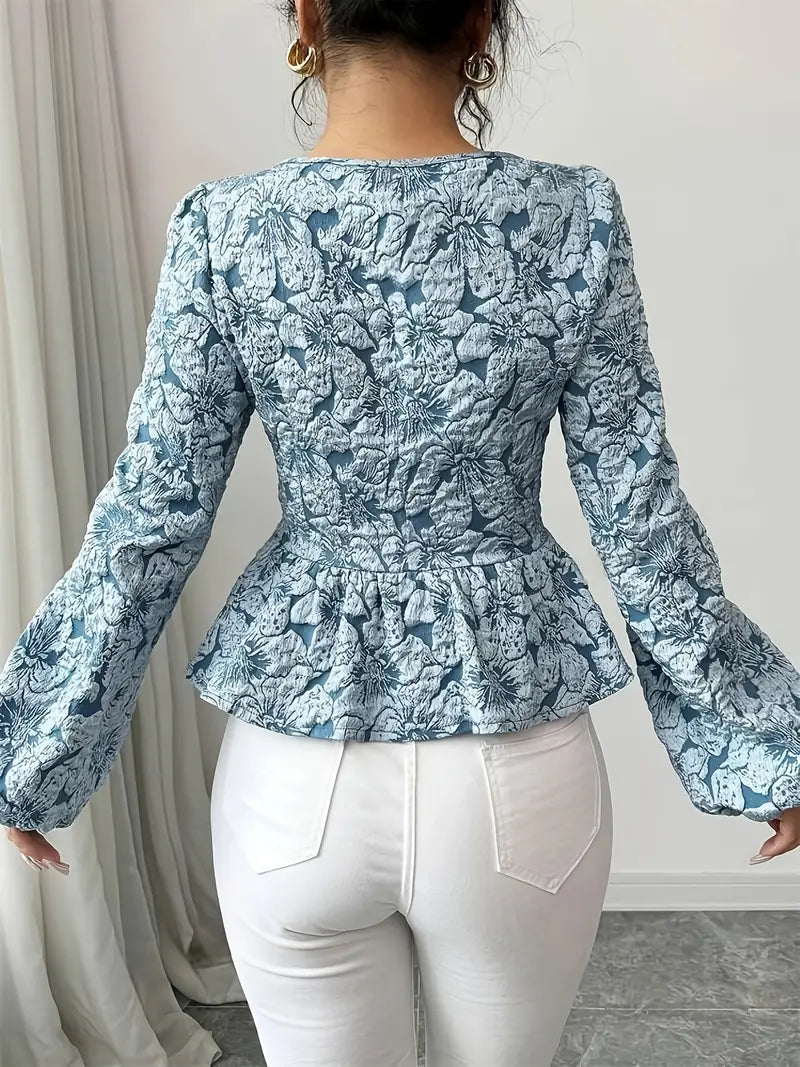 Women's Floral Jacquard Blouse with Square Neckline and Long Sleeves