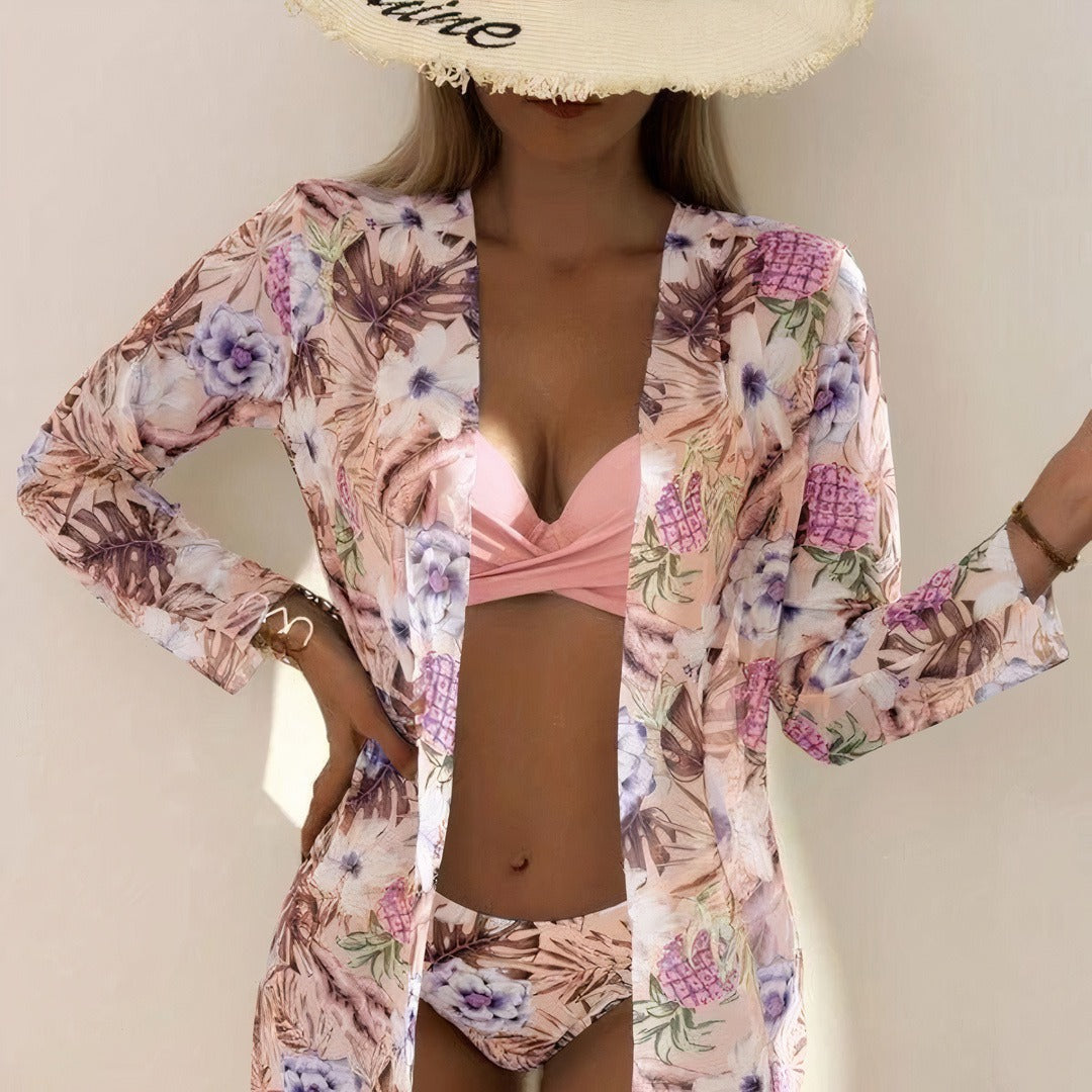 Women's Summer Bikini Set with Floral Cardigan