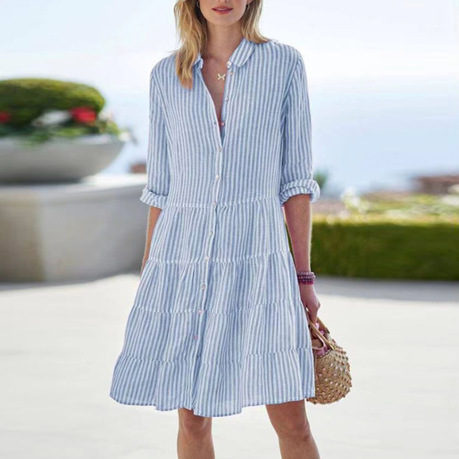 Women's Summer Stripe Mini Dress with Folded Sleeves and Buttons