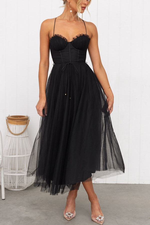 Women's Summer Corset Midi Dress with Tulle Skirt and Spaghetti Straps