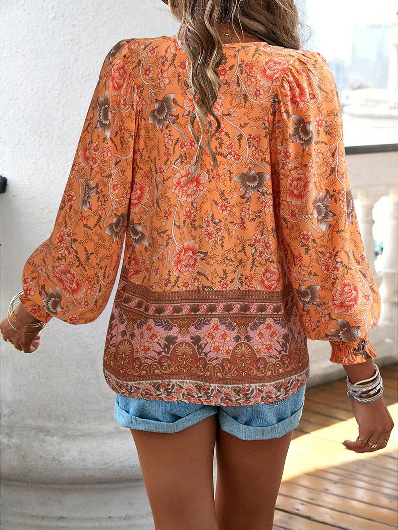 Women's Summer Floral Blouse with V-neck and Long Sleeve
