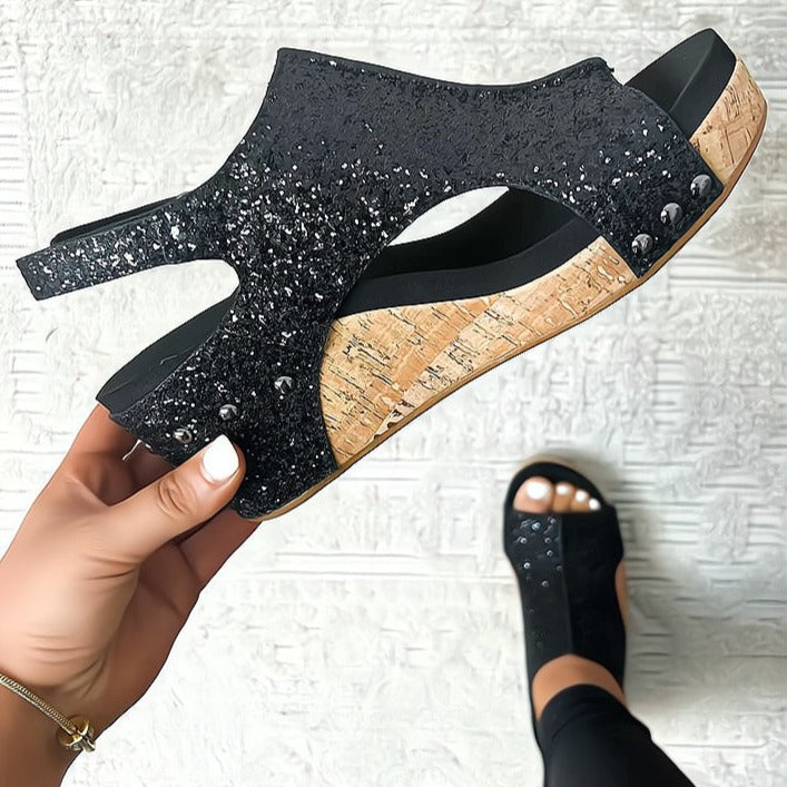 Women's Summer Cutout Wedge Sandals with Stud Accents and Glitters