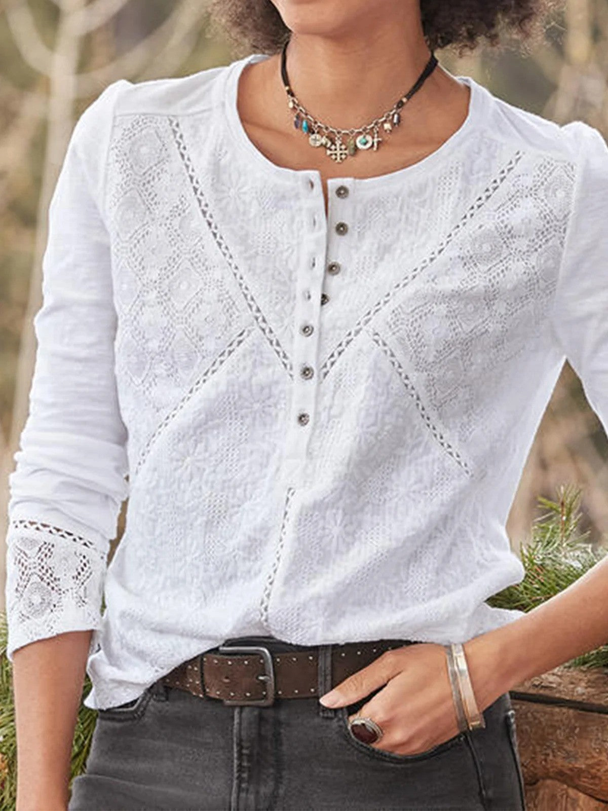 Women’s Summer Eyelet Blouse with Half Buttons and Embroidered Front