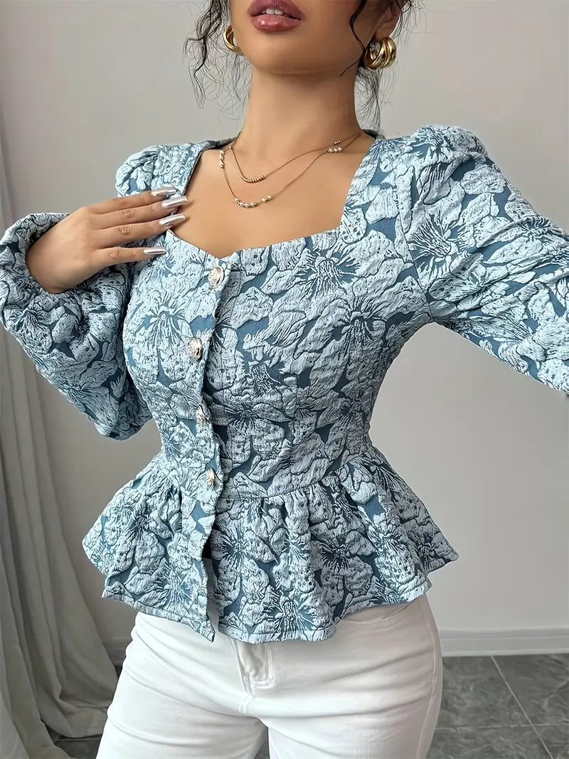 Women's Floral Jacquard Blouse with Square Neckline and Long Sleeves